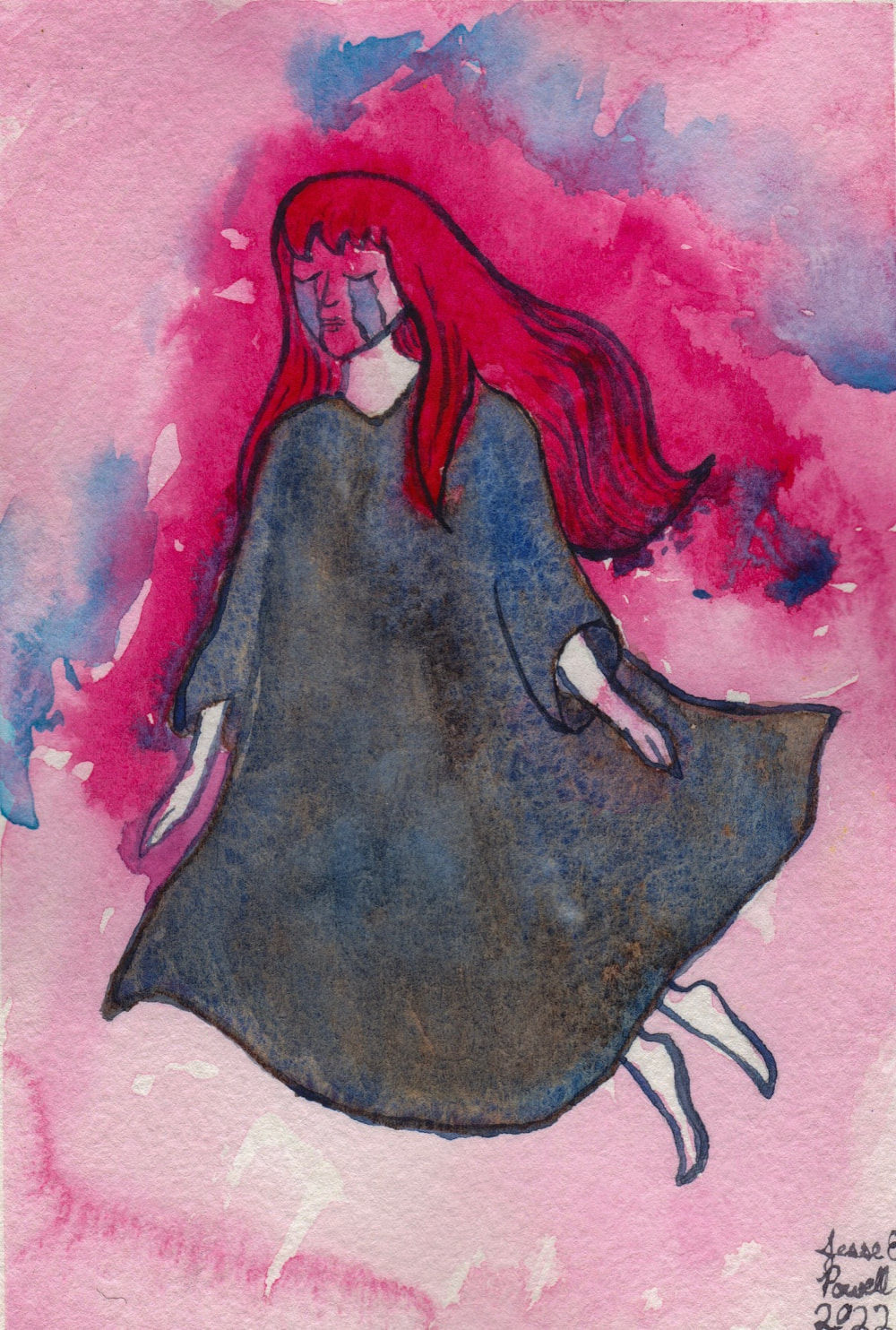 Watercolor painting of a person with long pink hair wearing a blue-gray dress. They’re facing the left side of the painting. Their eyes are closed and they’re crying. The background is mottled pink and blue. 