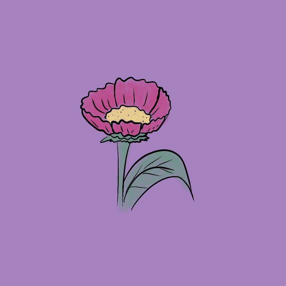 Digital drawing of a pink flower with a green stem and leaf, as well as a yellow center. The background is a soft purple. 