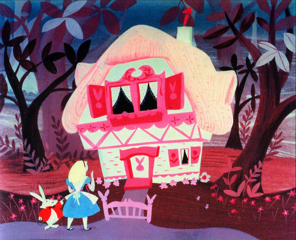 Alice in Wonderland concept art by Mary Blair. A gouache painting of Alice in her blue dress standing next to the white rabbit in a red jacket. The rabbit is looking at Alice an Alice is looking at the rabbit's house. The house is white with pink trip, shutters, and cut outs of a rabbit. There are pink flowers in the yard and dark trees beside and behind the house. The background consists of layers of pink, brown, black, and lavender gouache indicating the landscape. 