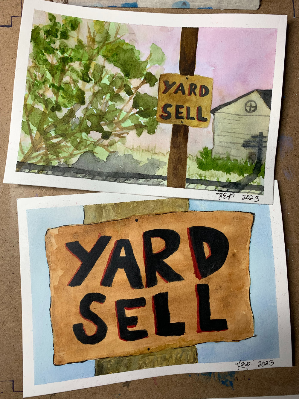 Two watercolor paintings of the same sign, which reads 