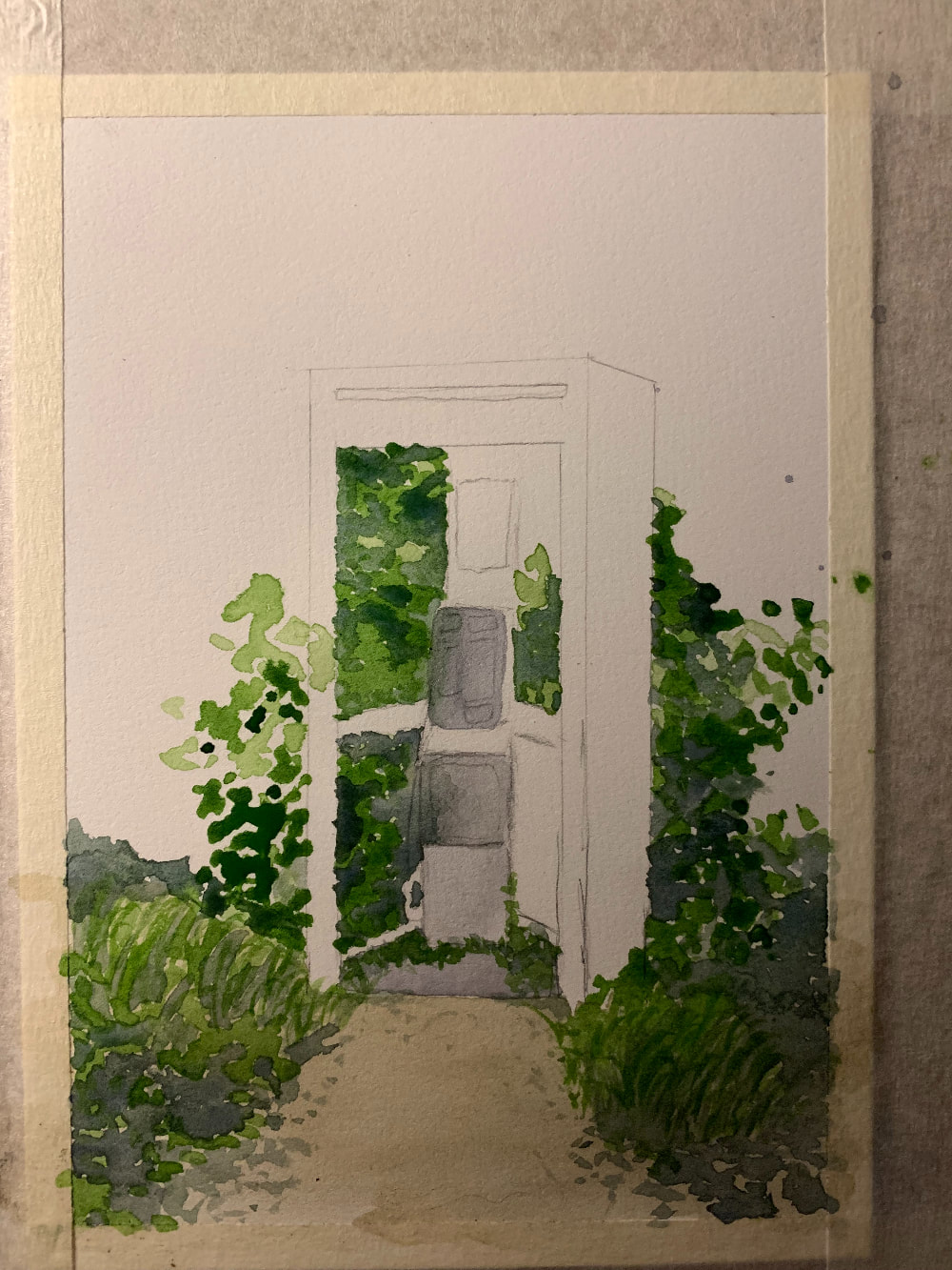 A watercolor painting of an abandoned telephone booth surrounded by greenery. The painting is in progress and about a third of the way done. 