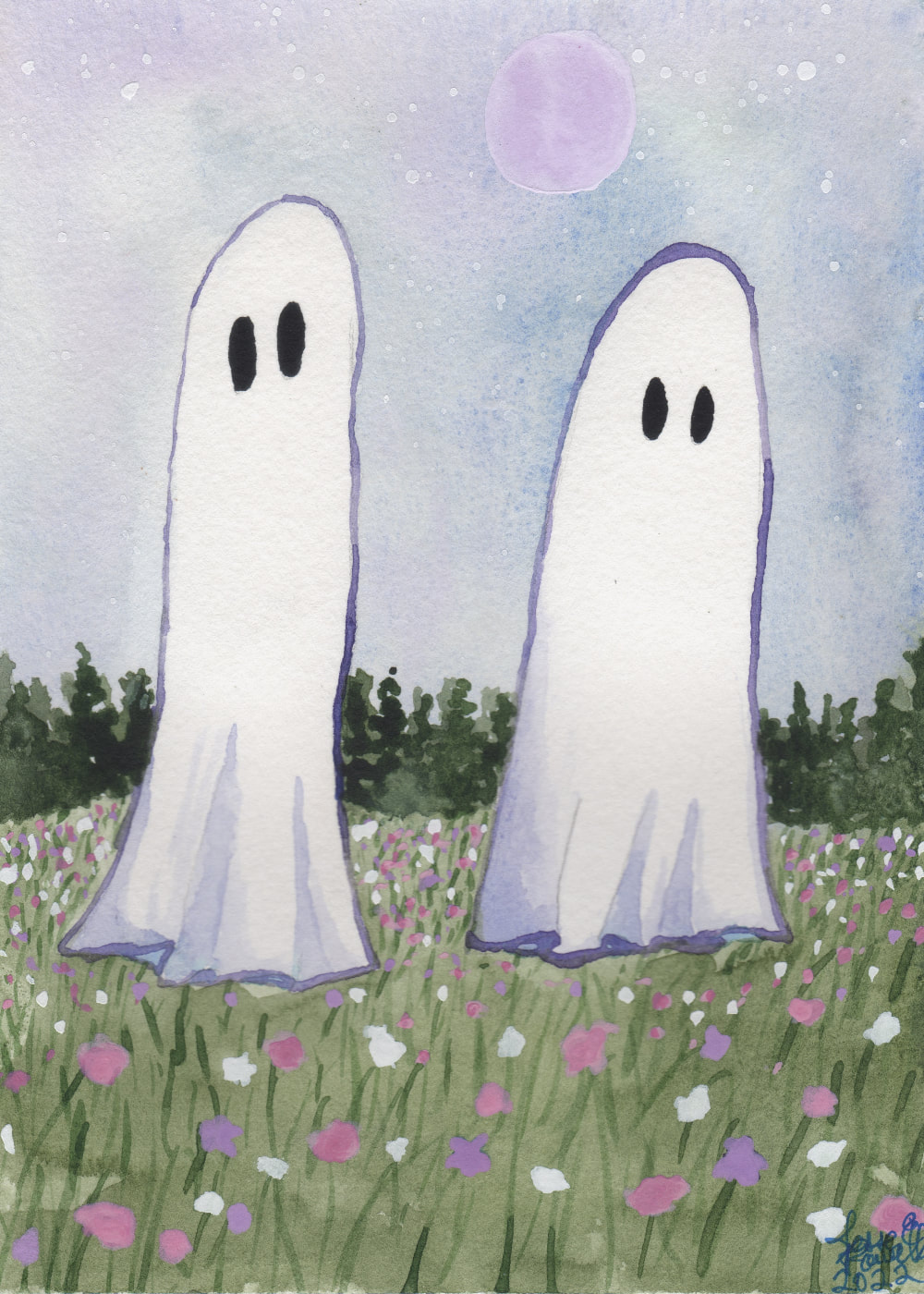 Watercolor painting of two ghosts in white sheets with black eyes floating in a green grassy field with a number of scattered pink, white, and purple flowers. There’s a dark green treeline at the edge of the field. Above the trees, the sky is soft mottled shades of purple. There’s a soft purple moon at the top right and a scattering of white stars in the sky. 