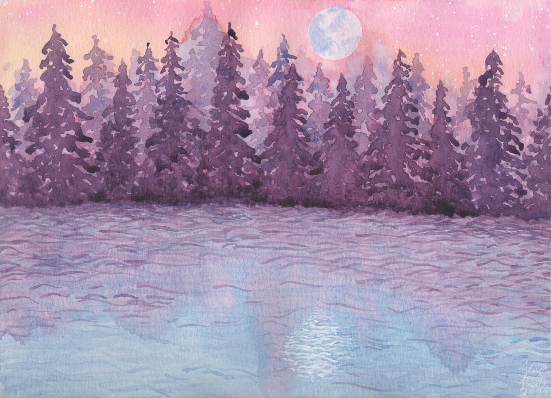 Watercolor painting of a soft blue lake with a treeline of purple pines. The sky is soft pink and yellow with a scattering of soft white stars. The white and soft blue moon hangs on the right side of the sky. The water is rippling and reflects the purple treeline and the moon, with the blue of the water showing through more where the pink sky would reflect. 