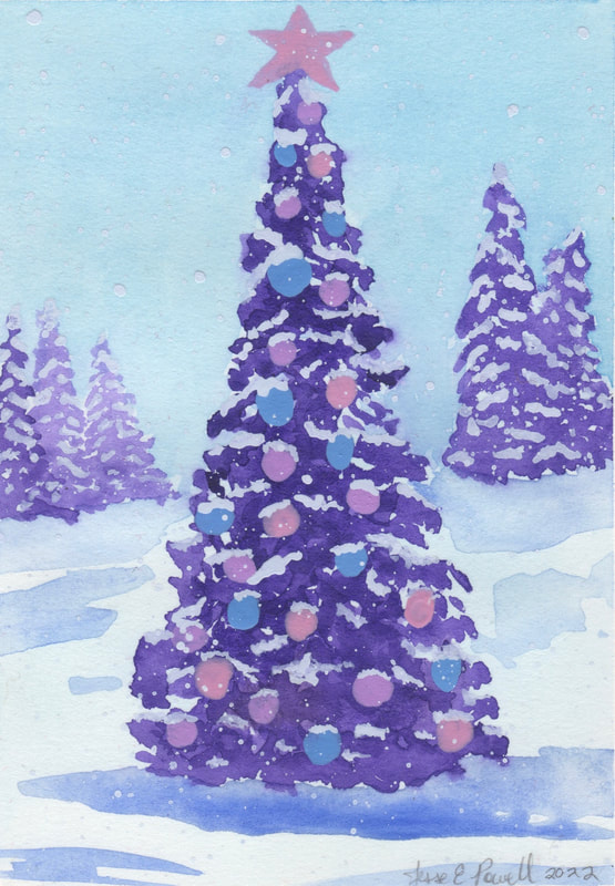 Watercolor painting of a snow-covered Yule tree with pink, purple, and blue ornaments. The star on top is pink. The ground is covered in snow and there are a few blue shadows. In the background there is a treeline of purple pine trees covered in snow. There is soft snow falling. 