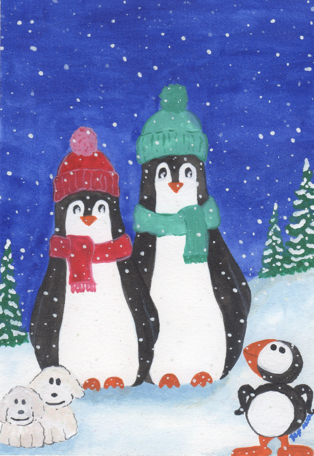Gouache painting of two penguins standing in the snow. They’re each wearing a hat and scarf, one in red, the other in teal. There are two little white dogs sitting together in the front left corner, and a cute penguin from Elf in the bottom right corner. There are a few snow-covered pine trees in the background and snowflakes falling softly. 